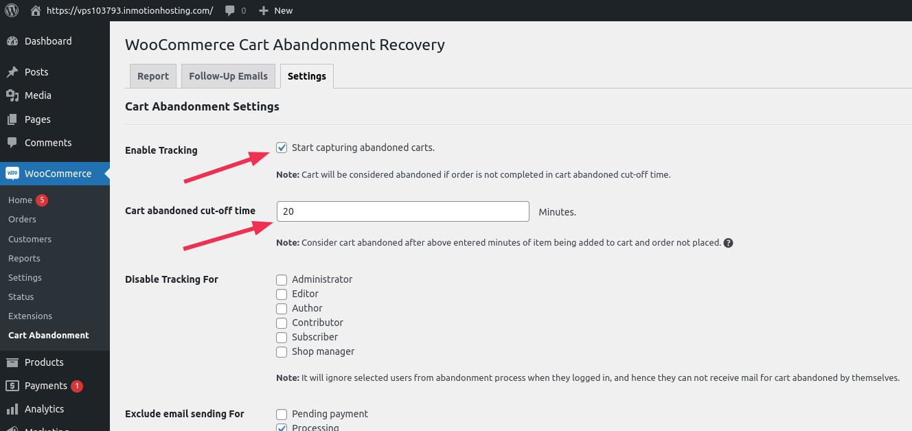 screenshot highlighting the cart abandonment settings page and the enable checkbox