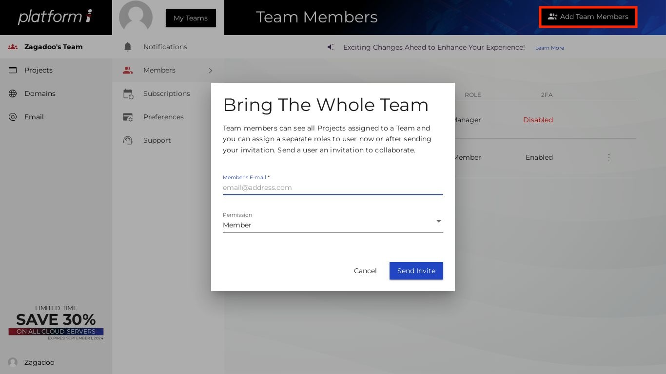 Add members to a team and select their permissions level