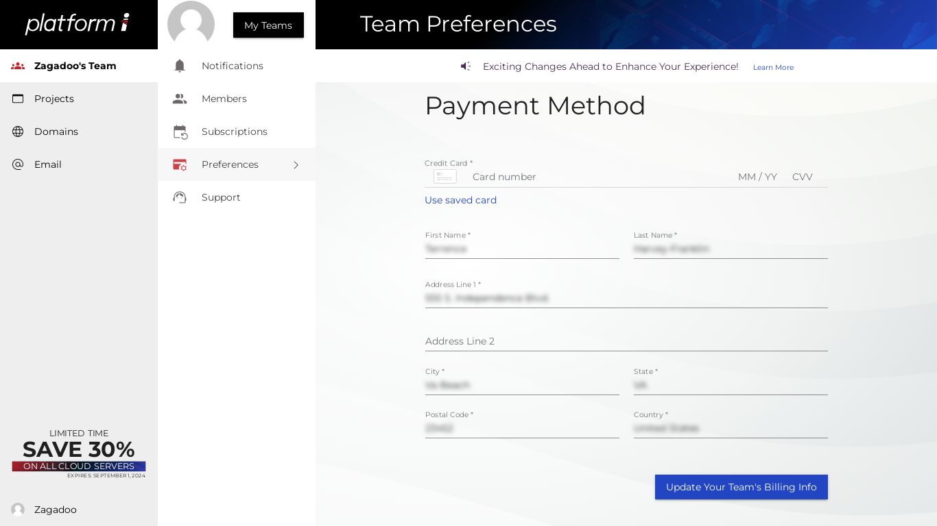 Change billing details in the Team Preferences menu