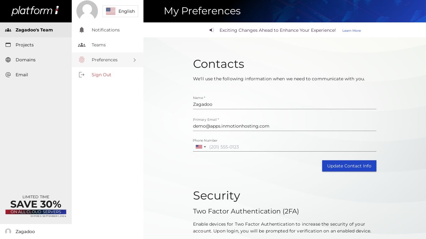 update contact information in the user preferences screen