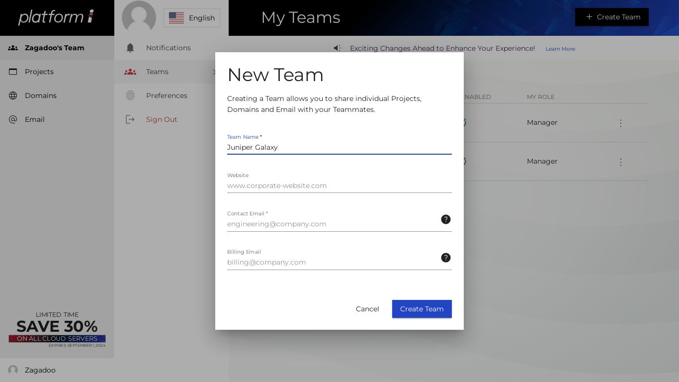 Create a new team in the User profile teams screen