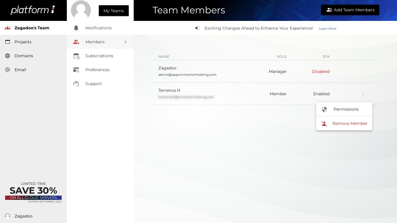Change permissions or remove a team member with the action menu next to their email