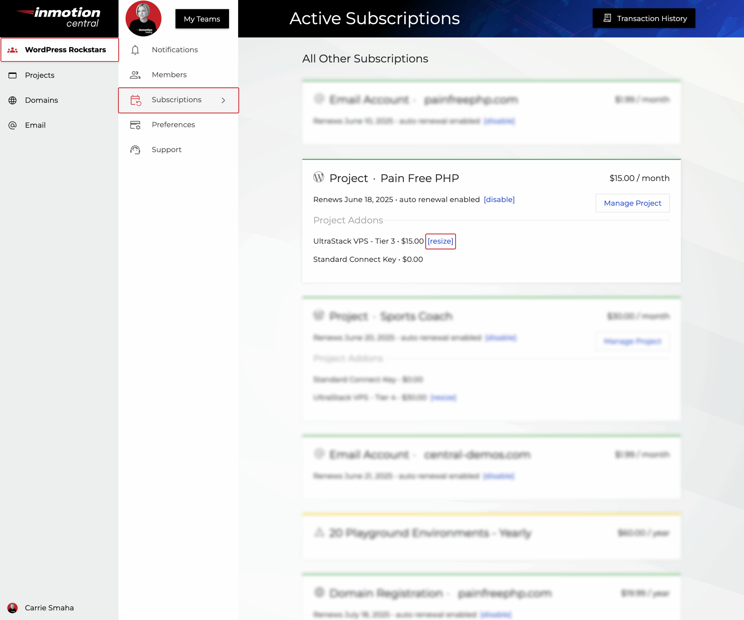 Screenshot highlighting the resize option on the Active Subscriptions page