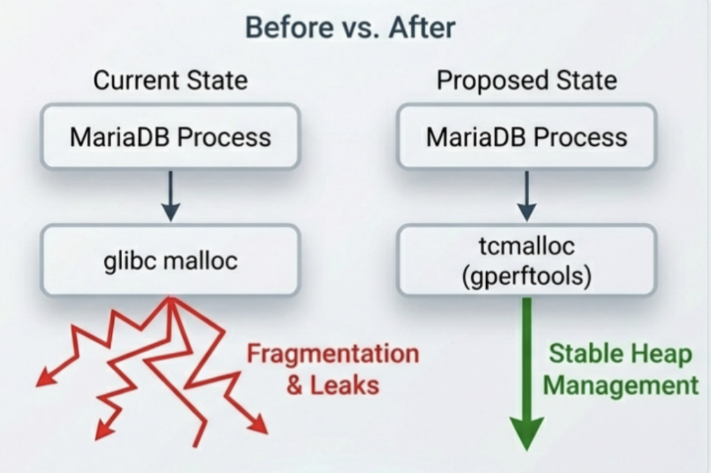 before and after of mariadb process and tcmalloc