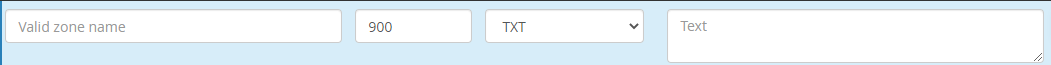 Zone Editor TXT record form with Name, TTL, and Record fields filled in