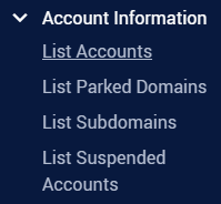 WHM left navigation menu showing the List Accounts option under Account Information