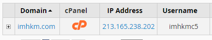 WHM List Accounts table with the IP Address column highlighted for a specific cPanel account