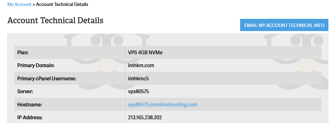 AMP Account Technical Details page showing the IP Address field