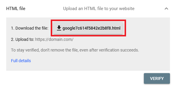 Google Search Console HTML file verification option with the Download the file button highlighted