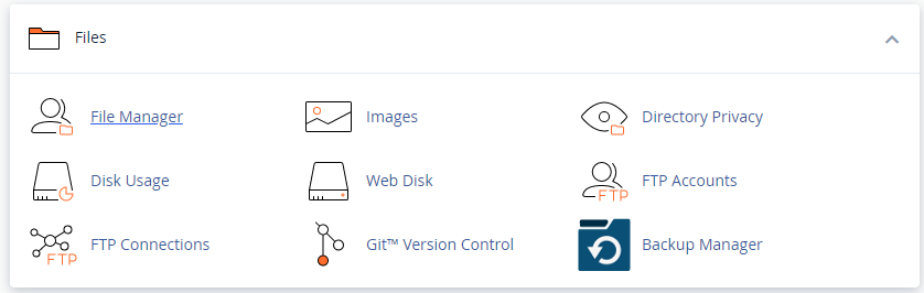 cPanel Files section with File Manager icon highlighted