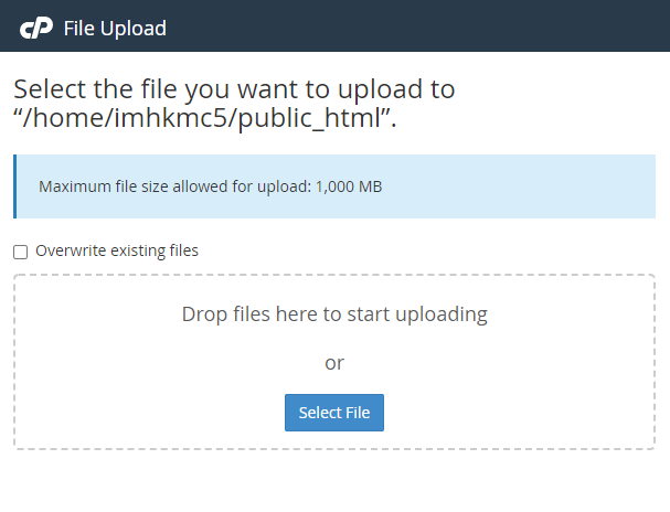 cPanel File Manager upload dialog with the Select File button highlighted