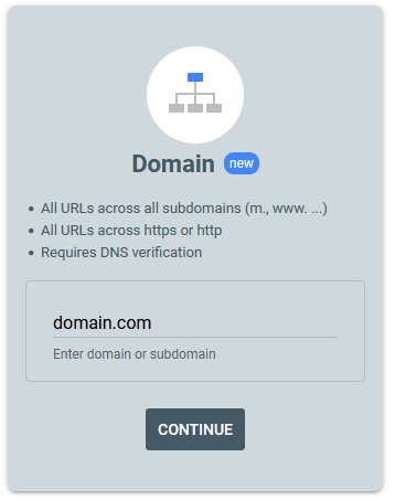 Google Search Console Domain field with a domain name entered and the Continue button highlighted