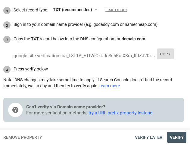 Google Search Console DNS verification screen showing the TXT record and Copy button