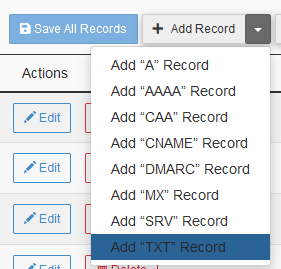 cPanel Zone Editor Add Record dropdown menu with the Add TXT Record option highlighted