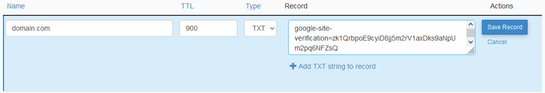 cPanel Zone Editor TXT record form showing the Name, TTL, Type, and Record fields filled in for Google verification