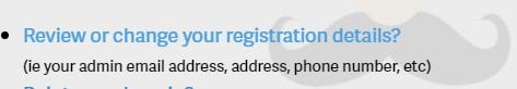 AMP domain management screen showing the Review or change your registration details link