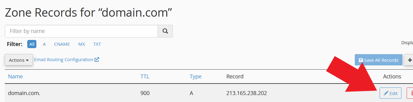 Zone Editor A record row with the Edit button highlighted