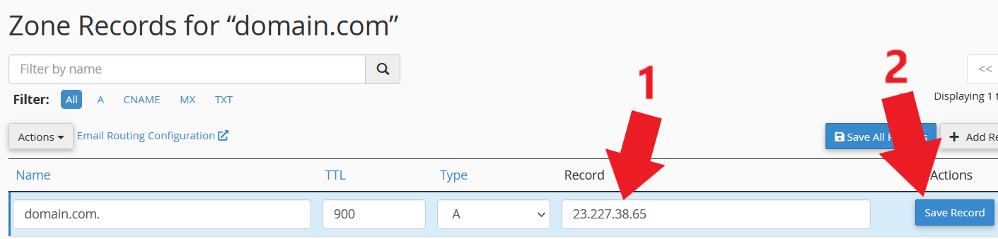 Zone Editor A record edit form showing Shopify IP address with Save Record button