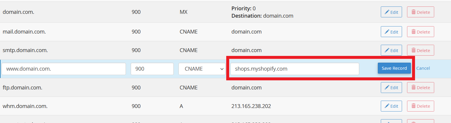 Zone Editor CNAME edit form showing shops.myshopify.com with Save Record button