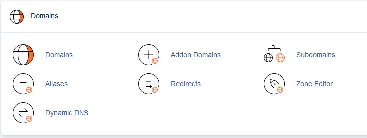 cPanel Domains section showing Zone Editor for subdomain setup