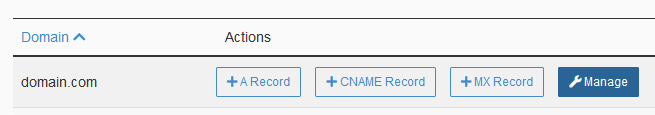 Zone Editor domain list with Manage button highlighted for the parent domain