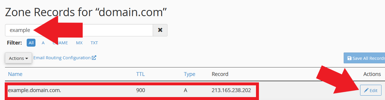 Zone Editor showing the Edit button next to an existing subdomain A record