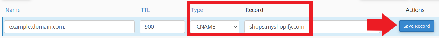 Zone Editor CNAME edit form for subdomain pointing to shops.myshopify.com