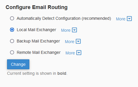 cPanel Email Routing section showing Local Mail Exchanger selected