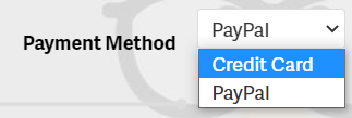 AMP payment method drop-down menu showing available payment options