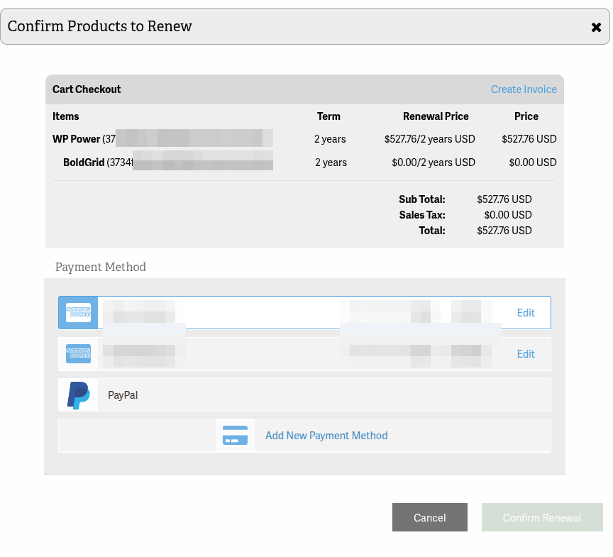 The Confirm Products to Renew popup in AMP showing the Cart Checkout items, Payment Method options, and the Cancel and Confirm Renewal buttons.