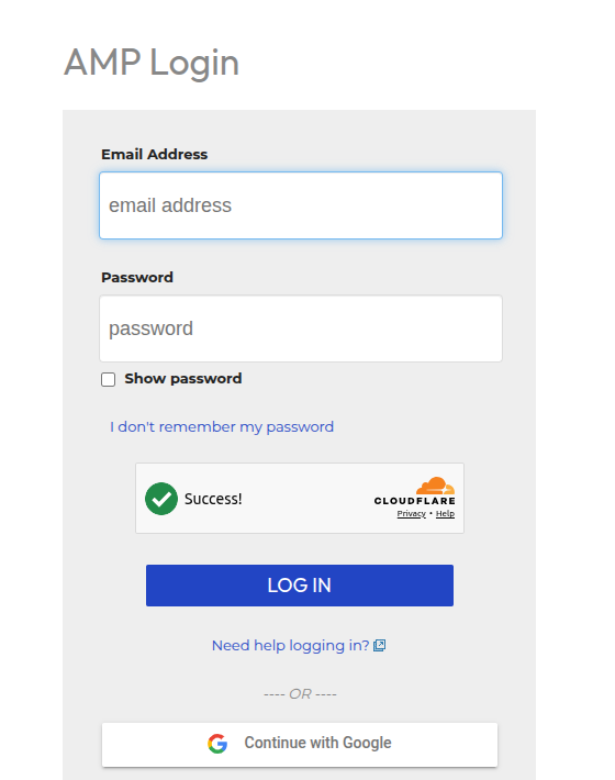 AMP Login page with Continue with Google button below the email and password fields