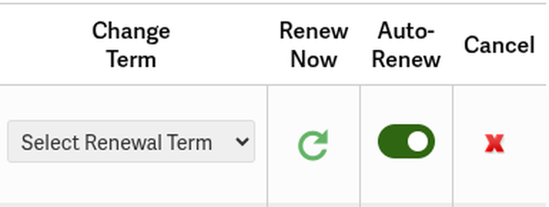 The Change Term dropdown, green circular-arrow Renew Now icon, Auto-Renew toggle, and Cancel control on a My Subscriptions row.