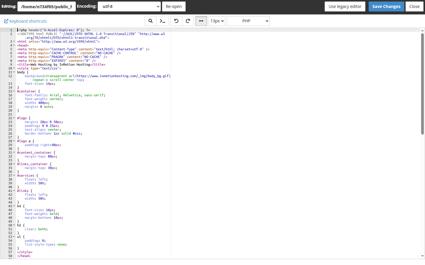 cPanel code editor with syntax highlighting open in a new browser tab