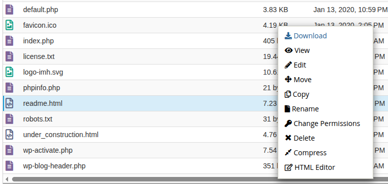 Right-click context menu on an HTML file in cPanel File Manager showing the Edit and HTML Editor options