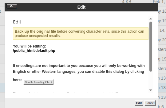 File Manager Edit dialog with the character encoding check and Disable Encoding Check button