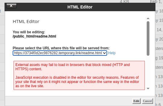 HTML Editor dialog showing the file path, URL selection drop-down, and mixed-content and JavaScript warnings
