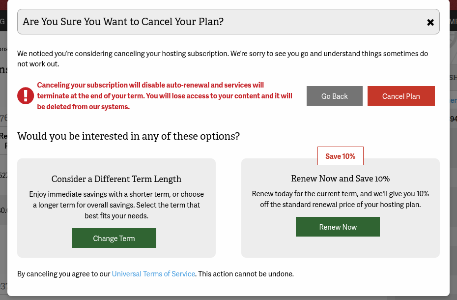 AMP Are You Sure You Want to Cancel Your Plan dialog with Go Back and Cancel Plan buttons