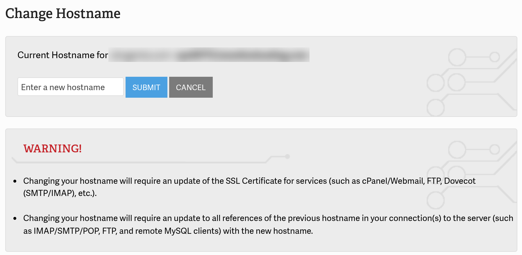 AMP Change Hostname page showing the current hostname, the new hostname field, and the warning box