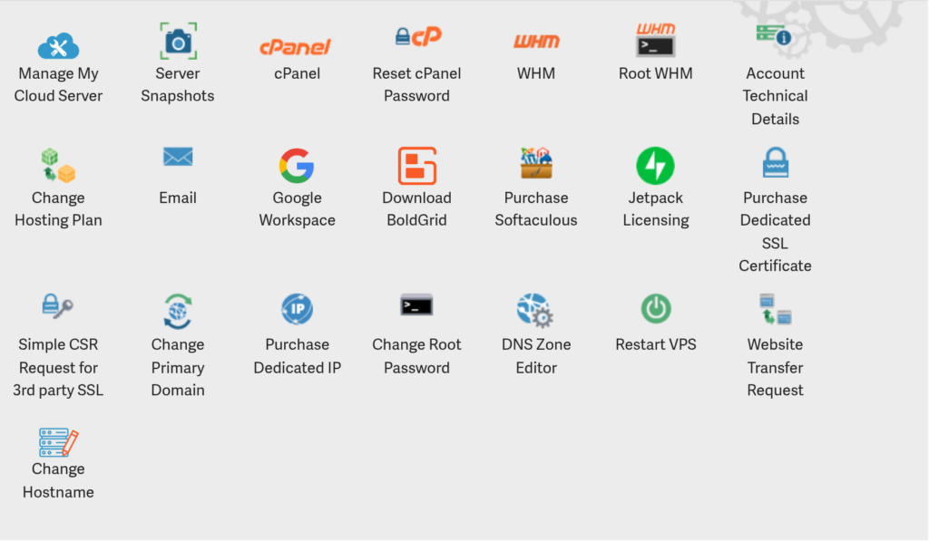 AMP dashboard icon grid for a VPS plan with the Change Hostname icon in the last position