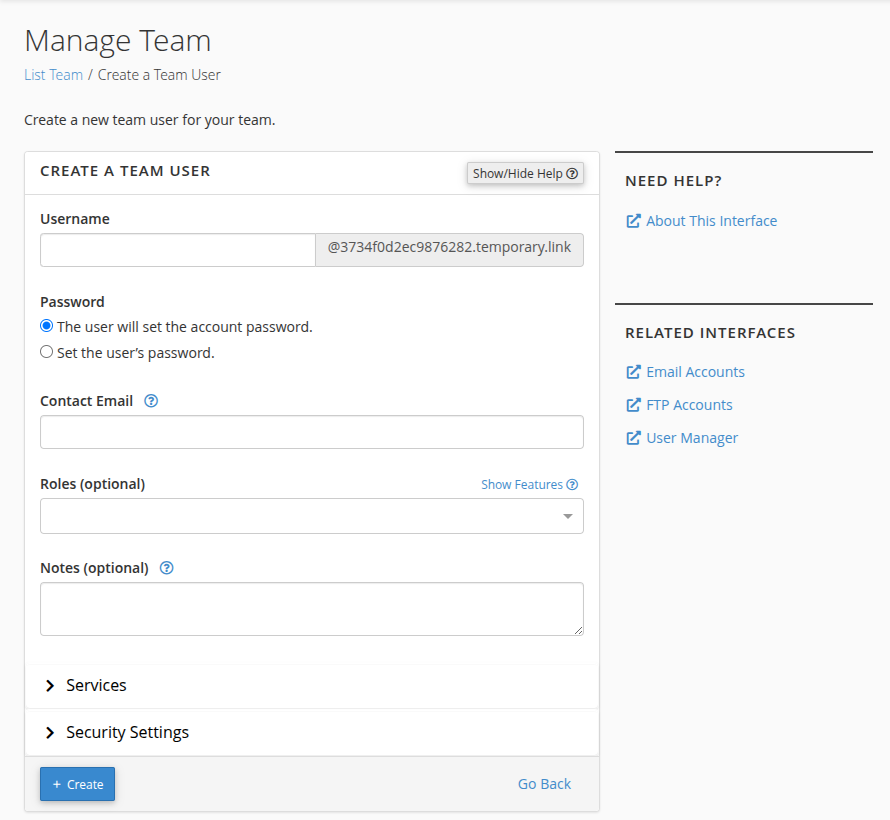 Create a Team User form in cPanel with Username, Password, Contact Email, Roles, Notes, Services, and Security Settings