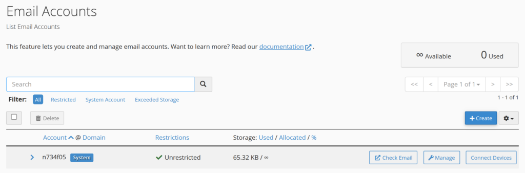 cPanel Email Accounts list showing the Check Email, Manage, and Connect Devices buttons