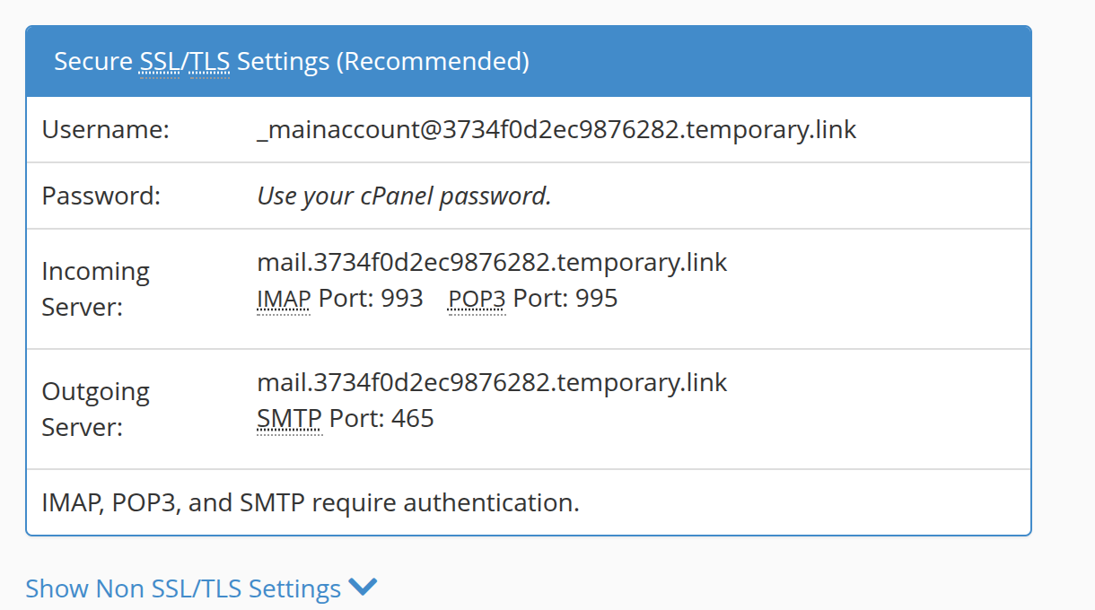 Secure SSL/TLS Settings box in cPanel showing incoming and outgoing mail server addresses and ports