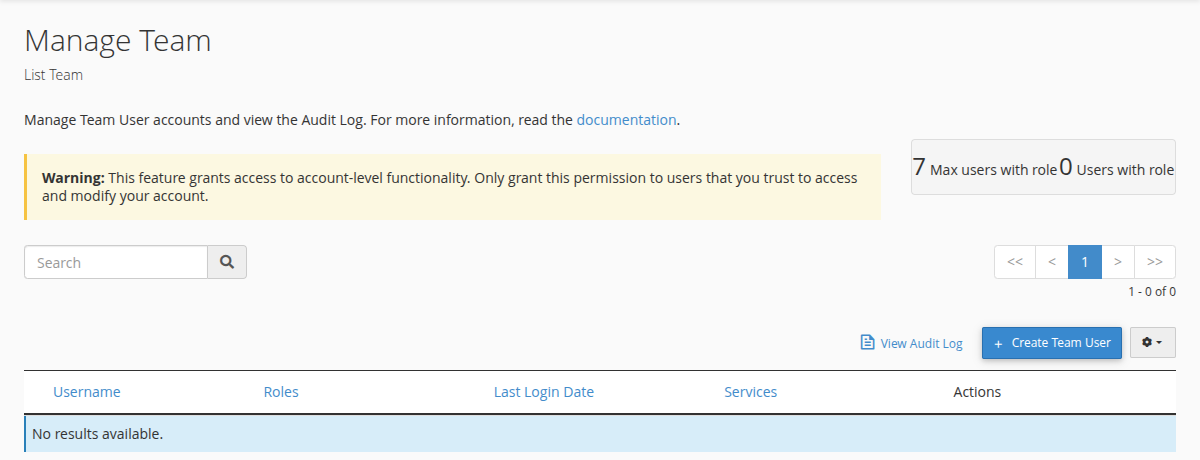 Manage Team page in cPanel showing the role counter, View Audit Log link, and Create Team User button above the team list