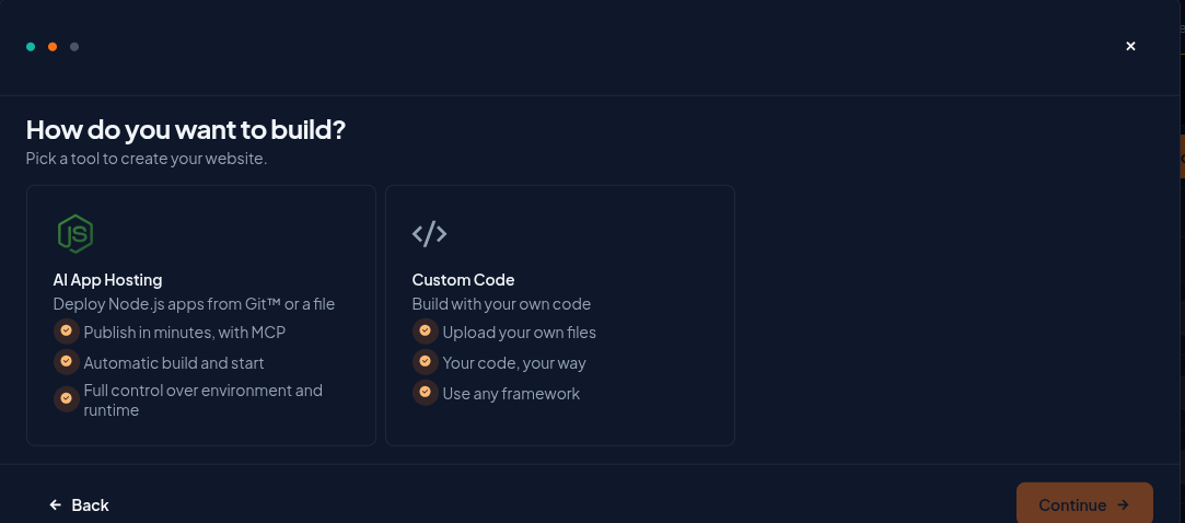 cPanel Meridian Add Website wizard, How do you want to build step, showing the AI App Hosting and Custom Code options on an InMotion Hosting VPS