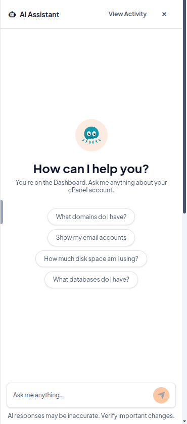 cPanel Meridian AI Assistant panel with suggested prompts and the Ask me anything box
