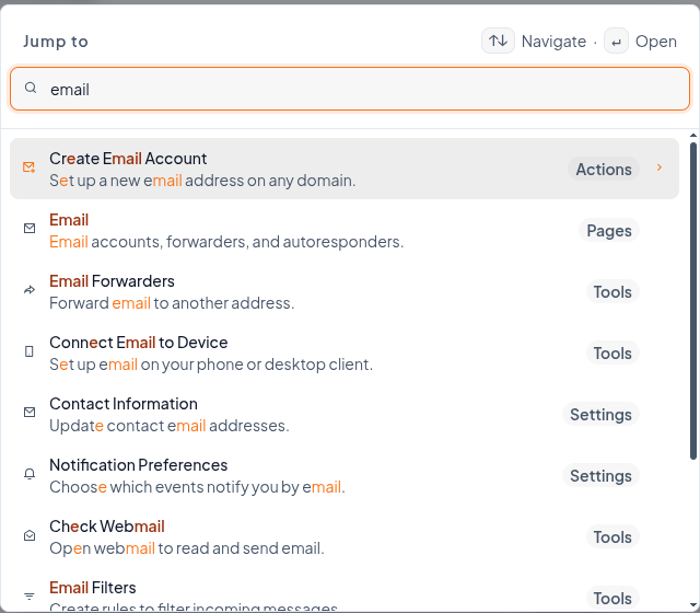 cPanel Meridian Command Palette showing Jump to results for the search term email