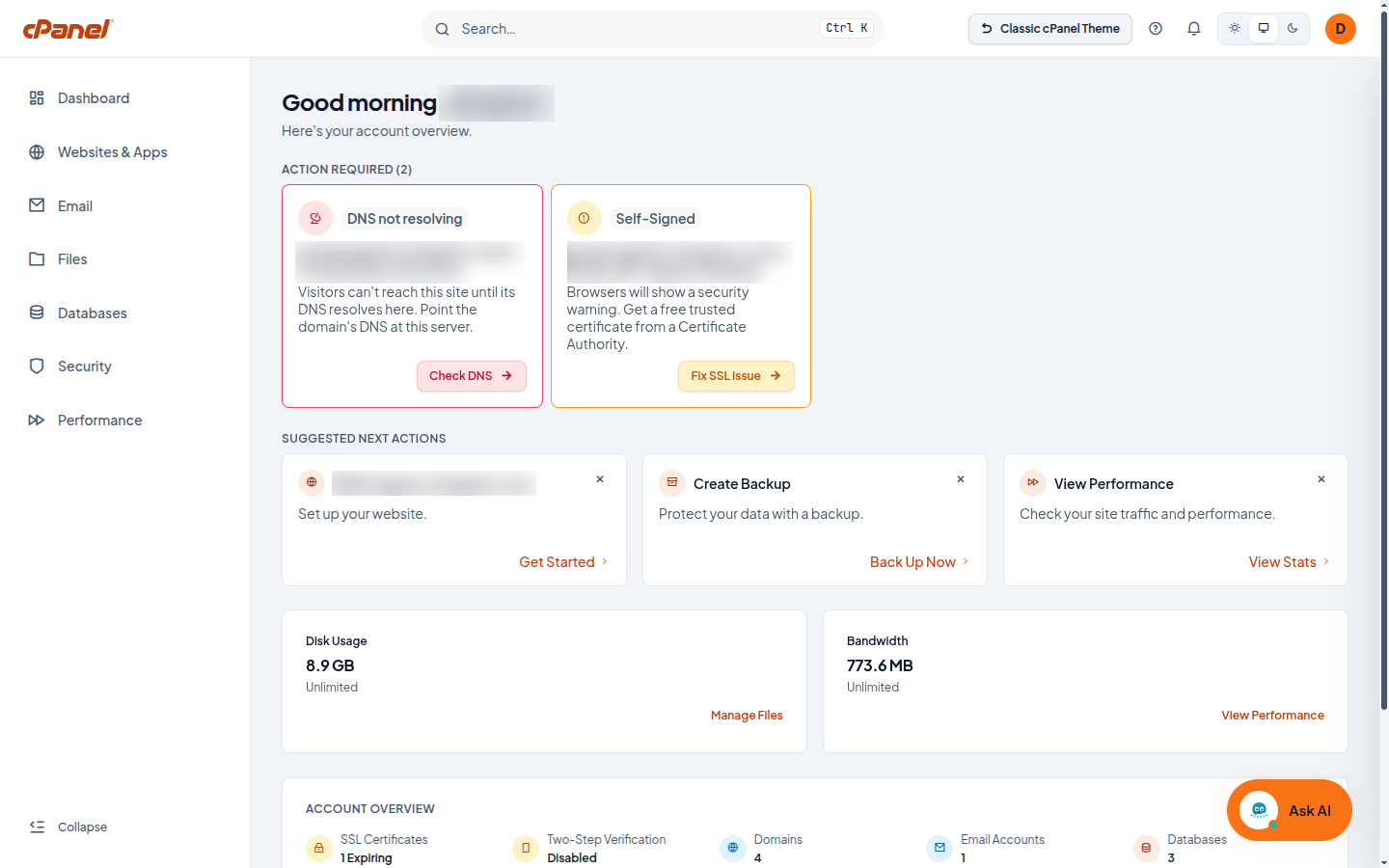 cPanel Meridian theme Dashboard after switching from Jupiter, showing Action Required cards, suggested next actions, and resource usage