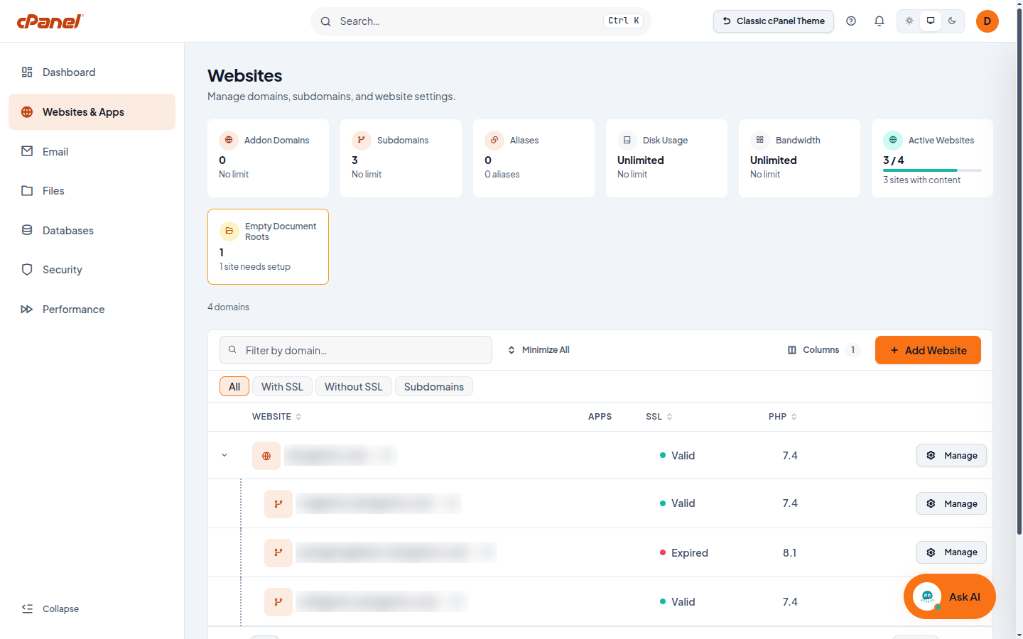 cPanel Meridian Websites hub showing summary cards and the domain table with Apps, SSL, and PHP columns