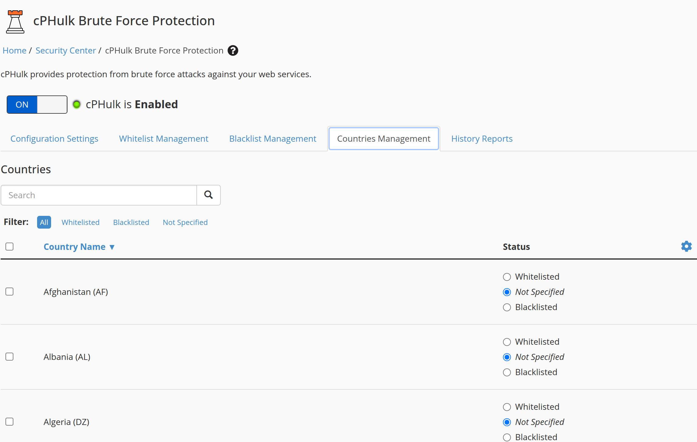 cPHulk Countries Management tab in WHM with the search field and Whitelisted, Not Specified, and Blacklisted options for each country