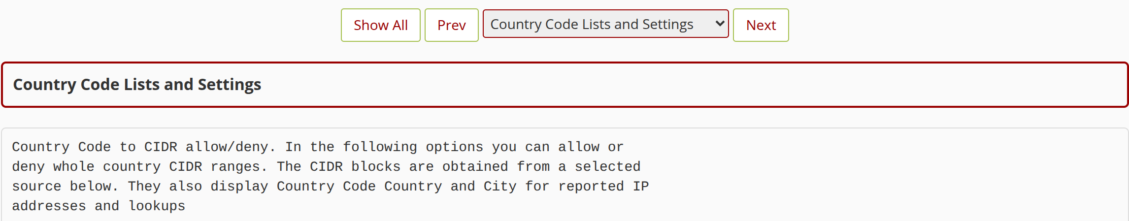 CSF Firewall Configuration section dropdown set to Country Code Lists and Settings